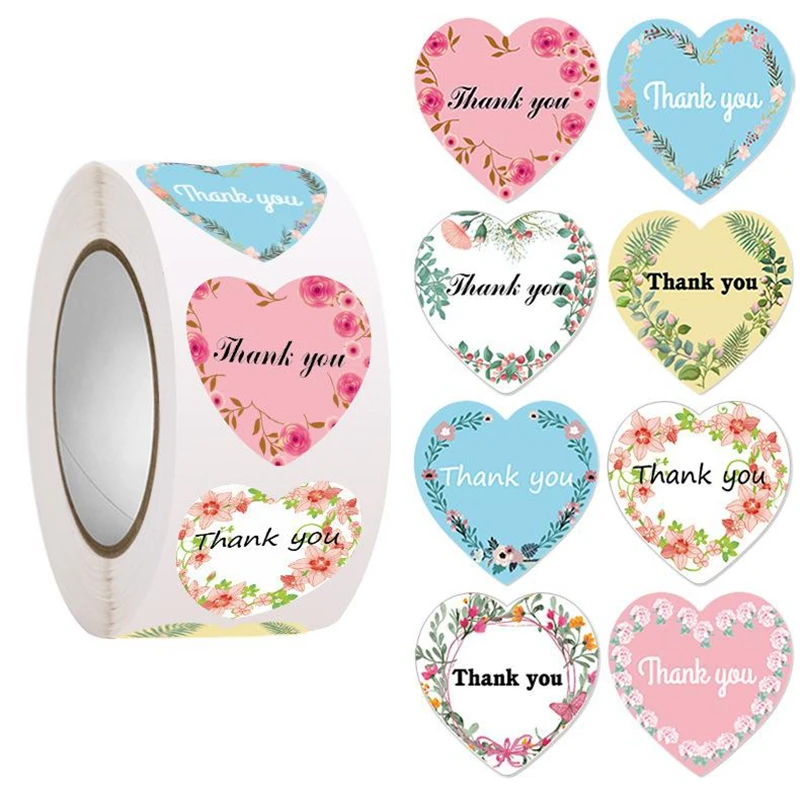 500pcs Heart Thank You Stickers Flowers Decorative Sealing Stickers for Wedding Valentine's Day Paper Packaging Stickers 1 inch