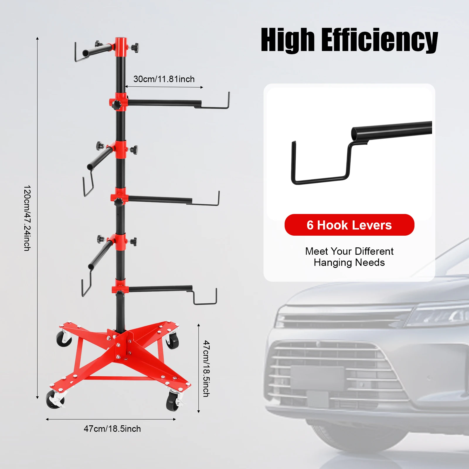 Auto Panel Tree Paint Stand with 4 Wheels 6 Adjustable 360° Rotating Hook Arms Heavy Duty Rack for Car Doors Fenders Bumpers