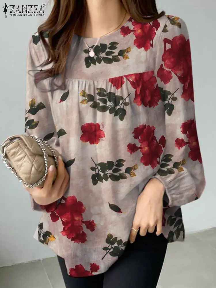 

Женская модная блузка ZANZEA с цветочным принтом, винтажные повседневные женские элегантные деловые топы, рубашка с длинным рукавом и круглым вырезом