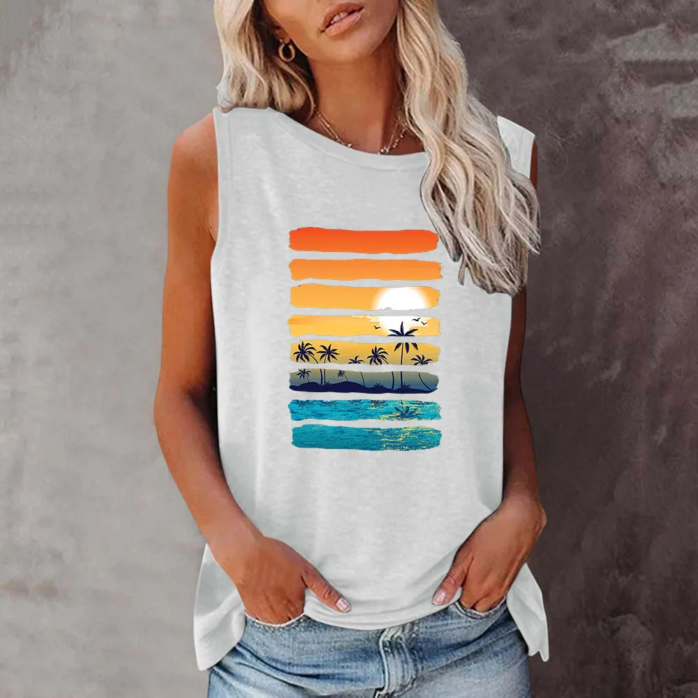 

Seeyoushy Fringe Beach Printing 2023 New Summer Trend Sleeveless O-neck T-shirt Harajuku Fashion Top Women's Sleeveless T-shirt
