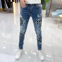 2023 New Mens Printing Jeans Fashion Skinny Pants High Quality Slim Vintage Blue Hip Hop Jeans Streetwear Mans Denim Trousers