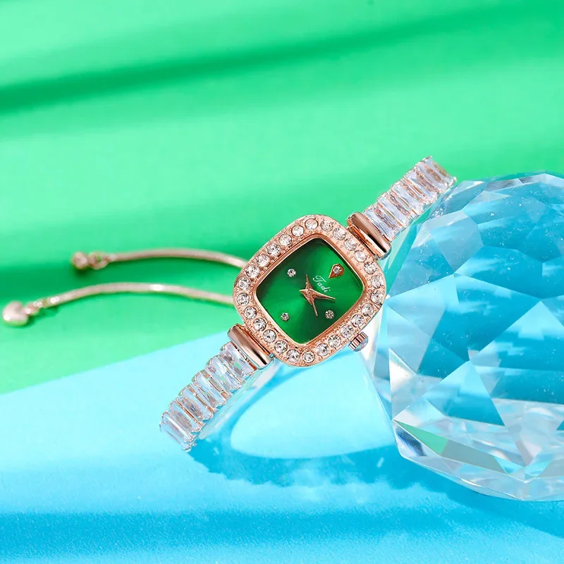 Luxury Fashion Color Square Zircon Exquisite Chain Bracelet Watch Women's Free Adjustment Pulling Quartz Watches Reloj Mujer 4