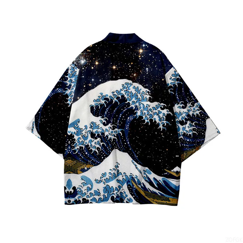 Schwarzer Kimono-Cardigan für Damen und Herren, japanischer Obi, männlich, Yukata, Herren-Haori-Mantel mit japanischem Wellenkarpfen-Druck, traditionelle japanische Kleidung – Detail 13