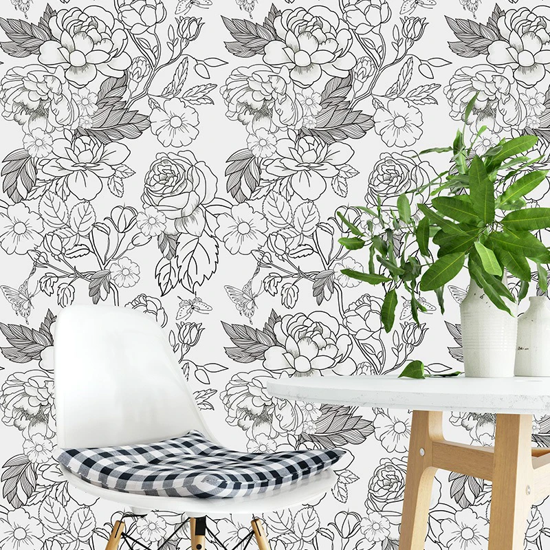 

Black White Floral Leaf Peel and Stick Wallpaper Self-Adhesive Prepasted Wallpaper Sketch Wall Mural Wall Decor
