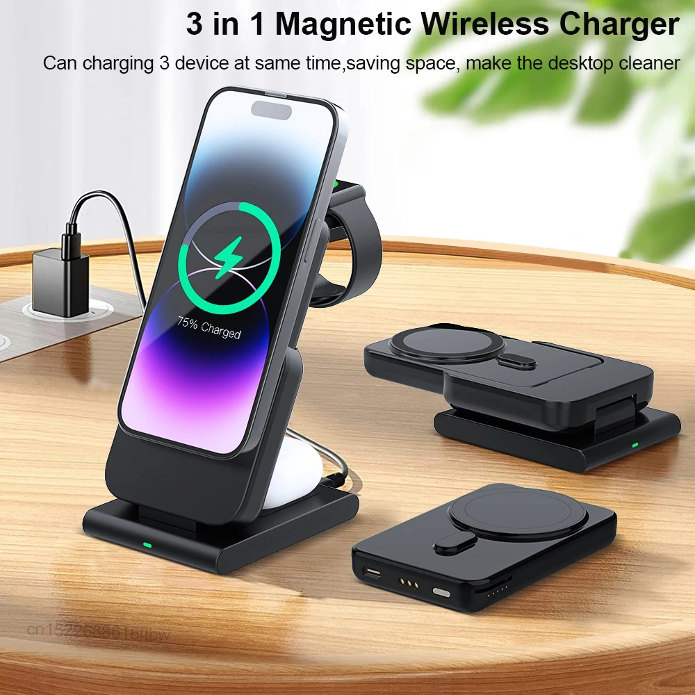 Magnetic 5000Mah Power Bank 3 in 1 Wireless Charger for iPhone 15/14/13/12 Pro Max Auxiliary External Battery for Apple Watch