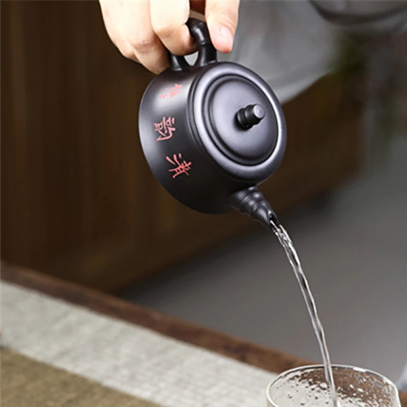Chinese Style Bamboo pattern Teapot, Purple Clay Raw ore black mud, Kung Fu Household Supplies Pure Handmade 220cc Tea Pots, 1Pc