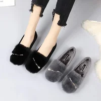 2025 Plush Slip-On Flats Women's Autumn Winter Outerwear Bean Bean Shoes Cotton Shoes Flat Heel Comfortable Maternity Shoes