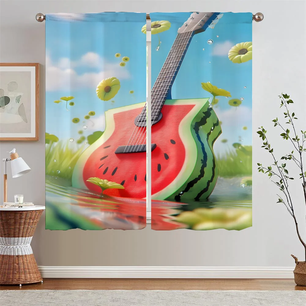 thumbnail image 1 of Cortinas de guitarra de sandía para sala de estar, 2 piezas, envío gratis, cortinas cortas para ventanas, cortinas para el baño y el hogar, 1 of 5