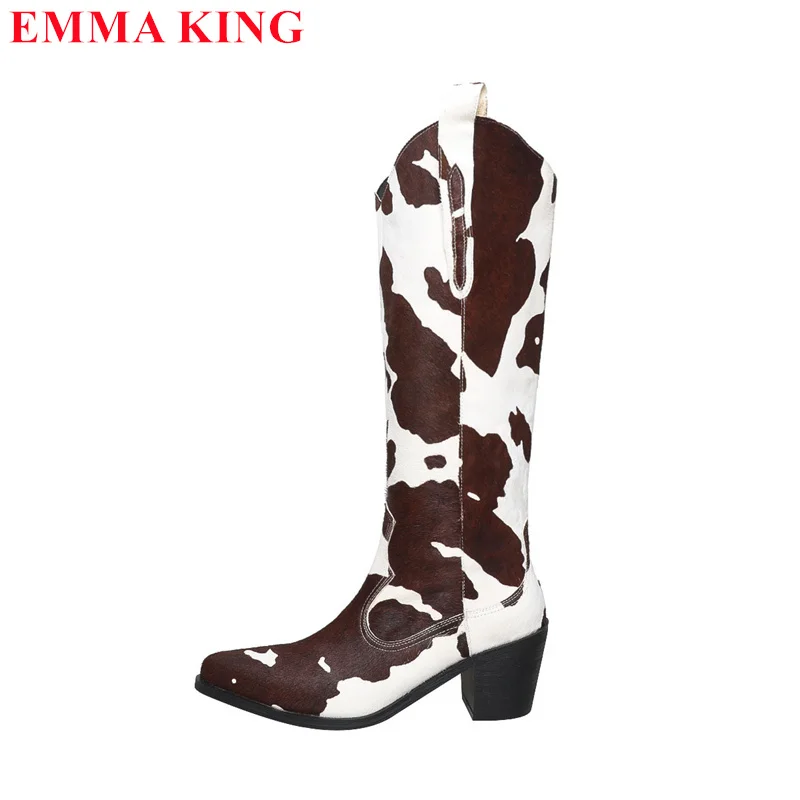 

2024 Zebra Pattern Knee High Boots Women Horse Hair Knight Boots Thick Heel Shoes Winter Autumn Pointed Toe Long Womens Boots