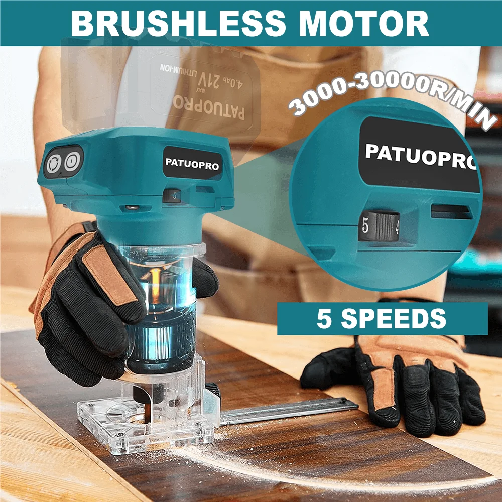 5-Speed Brushless Electric Trimmer Cordless Router Slotting Circling Carving Trimming Power Tool For Makita 18V Battery