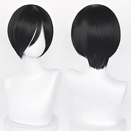 Pelucas de Cosplay de Mikasa Ada para hombres y mujeres, pelo corto y recto, negro, fiesta de Anime, disfraz de Hallowee
