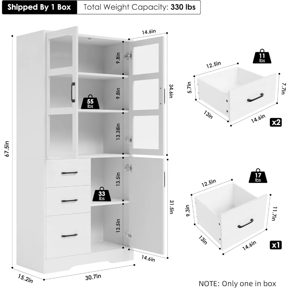 Modern standalone tall bathroom storage cabinet with 2 glass display doors, shelves and drawers, 67 inch H-height cabinet
