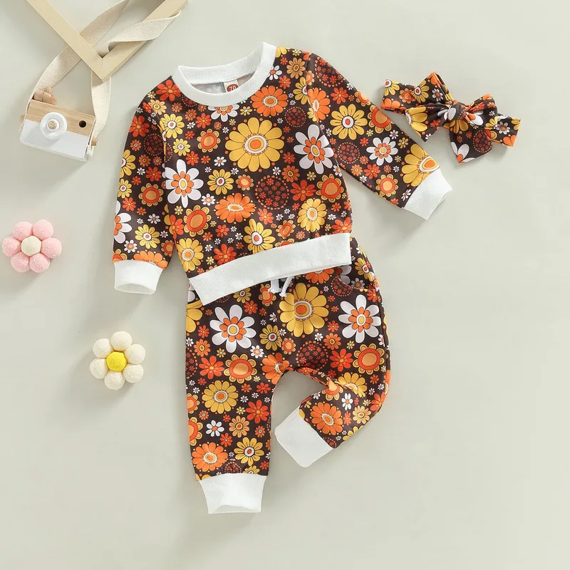 

Newborn Baby Girl Pant Sets Autumn Clothes 3 Pieces Outfit Floral Long Sleeve Sweatshirts Tops and Elastic Waist Pants Headband