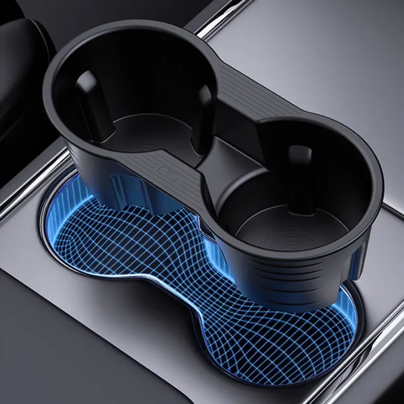 Center Console Water Cup Holder Limiter TPE Sleeve Pad with Storage for Tesla Model 3/Y