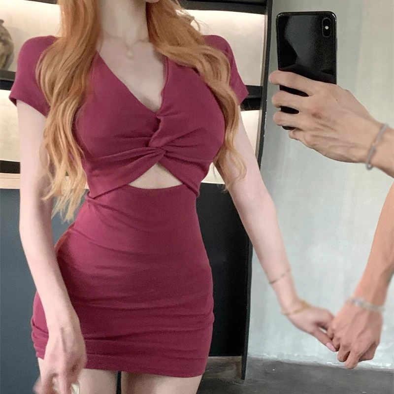 여성 브이넥 허리 움푹 패인 슬림핏 랩 엉덩이 원피스, 단색 섹시, 다목적 슬림 원피스, 여름