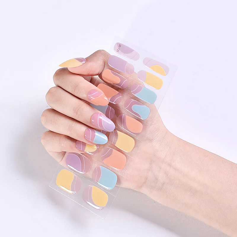 

18/24Tips/Sheet Semi Cured Gel Nail Stickers Colorful Almond French Nail Art Wraps With UV Lamp