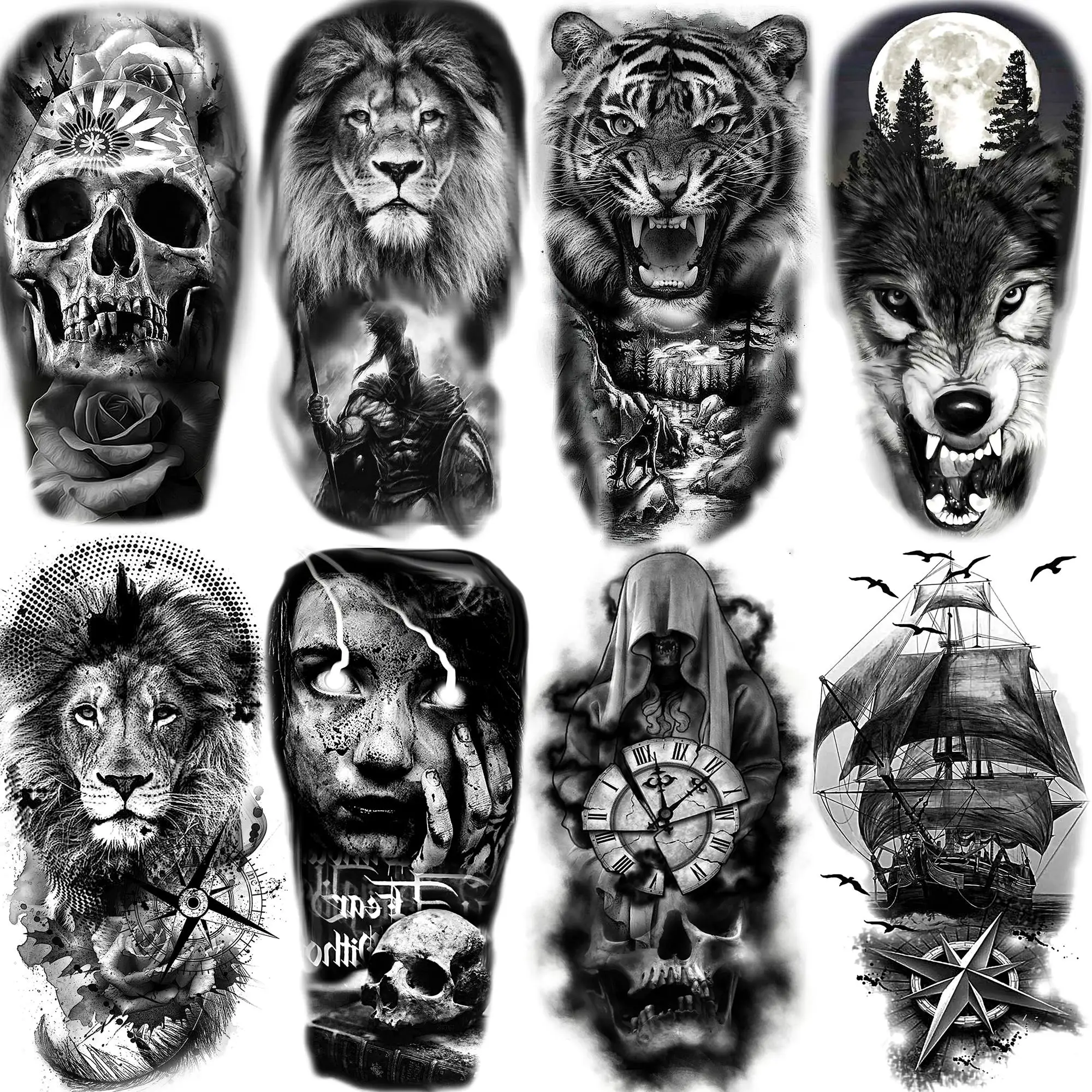 

8 Sheets Death Skull Skeleton Temporary Tattoos For Women Men Adults Arm Waterproof Fake Tattoos Black Wolf Tiger Compass Tatoos