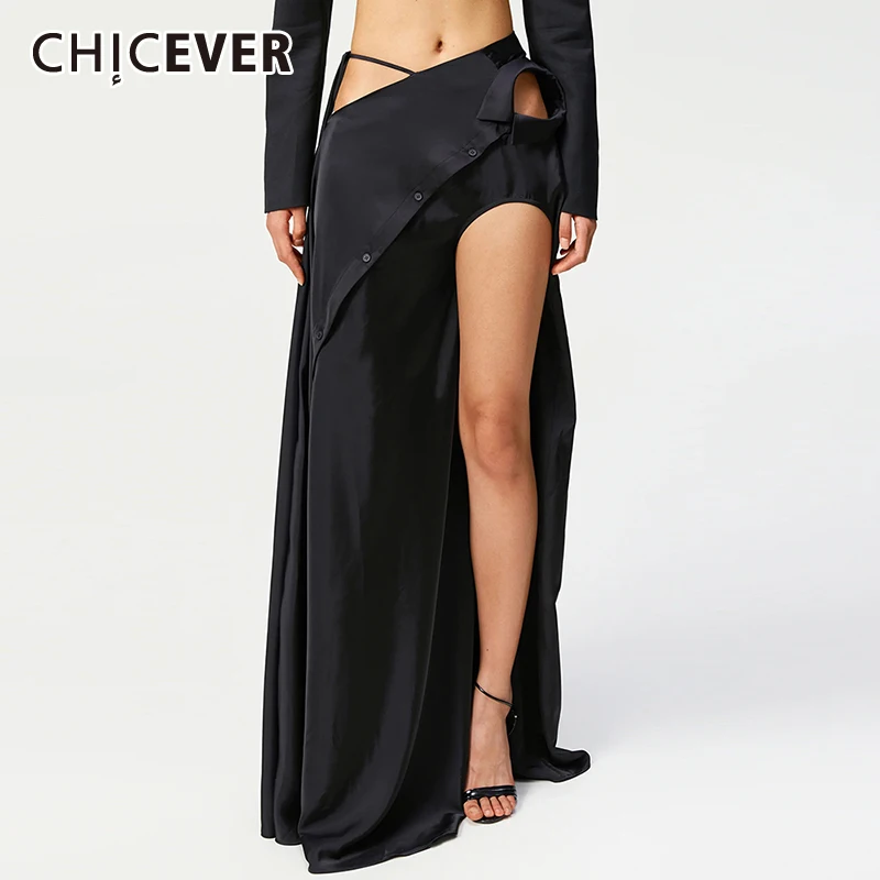 

CHICEVER Asymmetrical Solid Skirts For Women High Waist Patchwork Lace Up Folds Loose Irregular Hem Hollow Out Skirt Female New