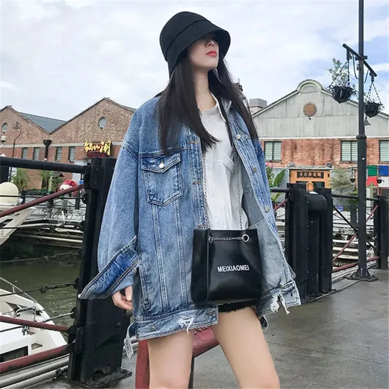 

Coat Female Spring Autumn New Solid Color Ripped Hole Done Old Lapel Single Breasted Loose Denim Jacket Women's Clothing ZM260