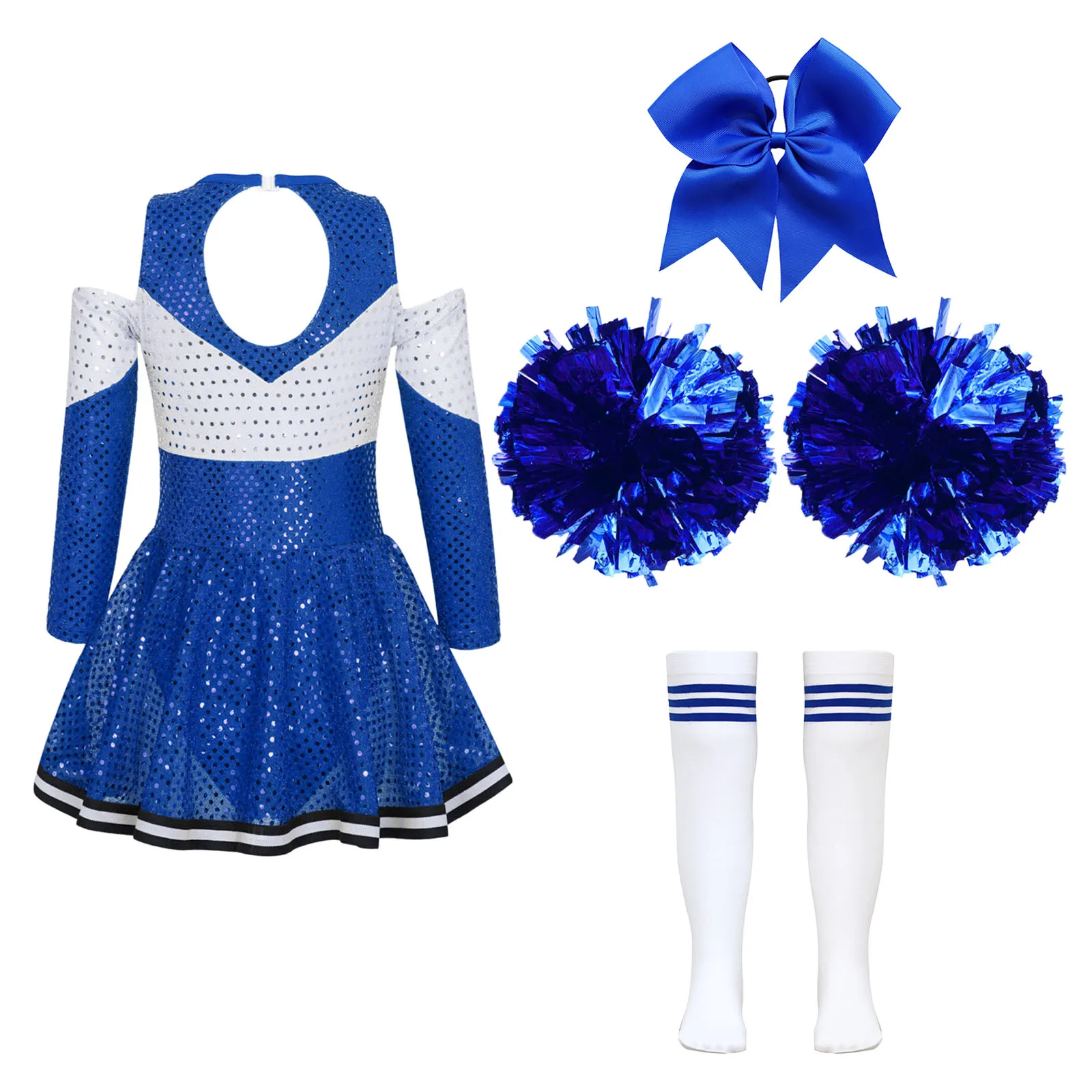 Cosplay Costume Cheerleading Costume Cheer leader Costume Schoolgirl Dance Outfit for Kids Girls Sequin Cheerleading Uniform Dress with Pompom Socks Performance Suit
