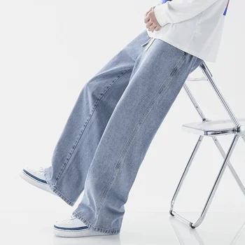 2025 New Korean Baggy Jeans Men's Casual Denim Classic Man Straight Denim Wide-leg Pants Light Blue Grey Black 3XL 1
