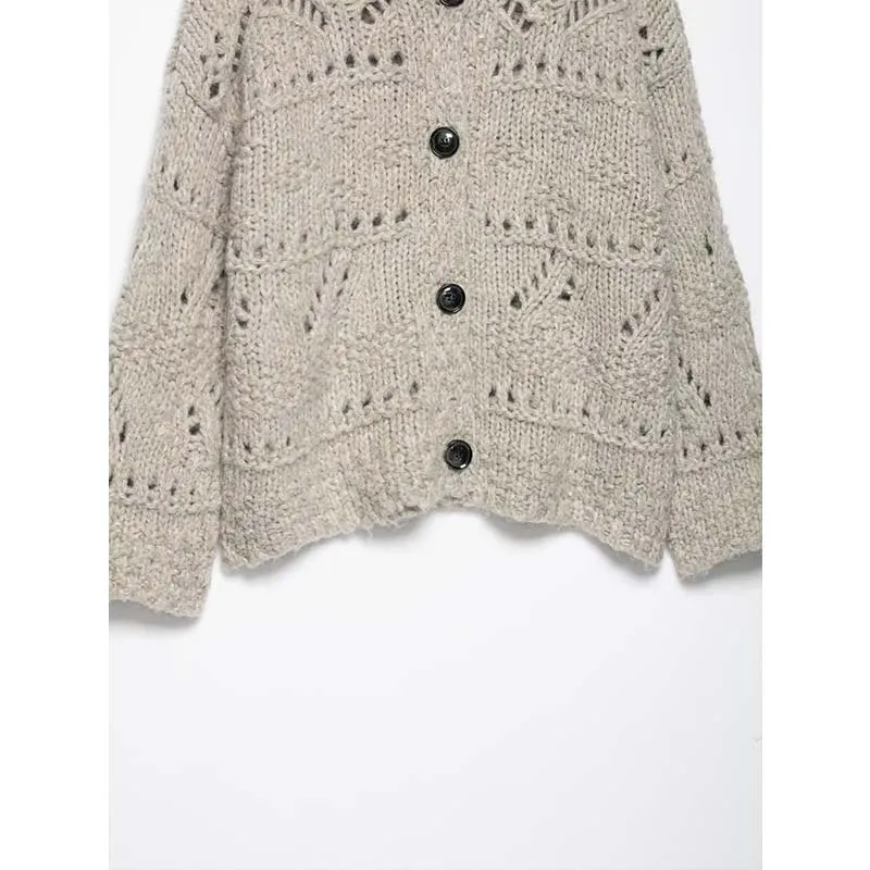 2025 New Women Fashion Knitted Cardigans Long Sleeve Hollow Out Sweater Short Cardigan Autumn Winter New Style Knitwear Coat