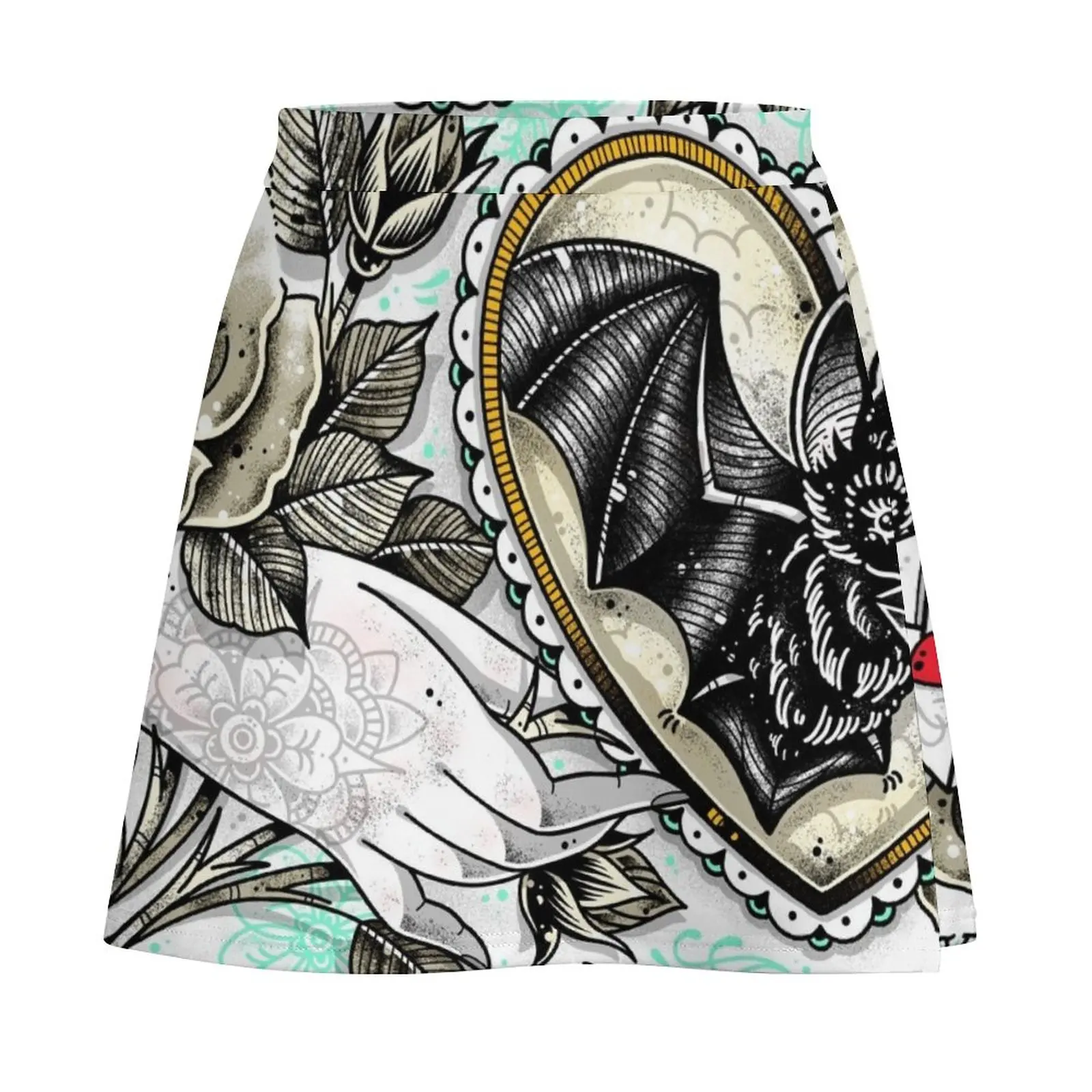 Hasten Back Vintage Style Romance Hand with Bat and Moon Lover Cute Traditional Tattoo Flash Mini Skirt