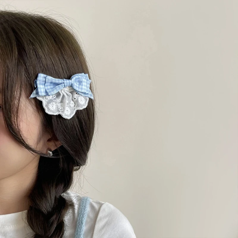 Koreanischen Stil Blau Karierten Bogen Haar Clip für Frauen Kreative Spitze Wolke Design BB Haarnadel Mädchen Haar Zubehör – Detail 2