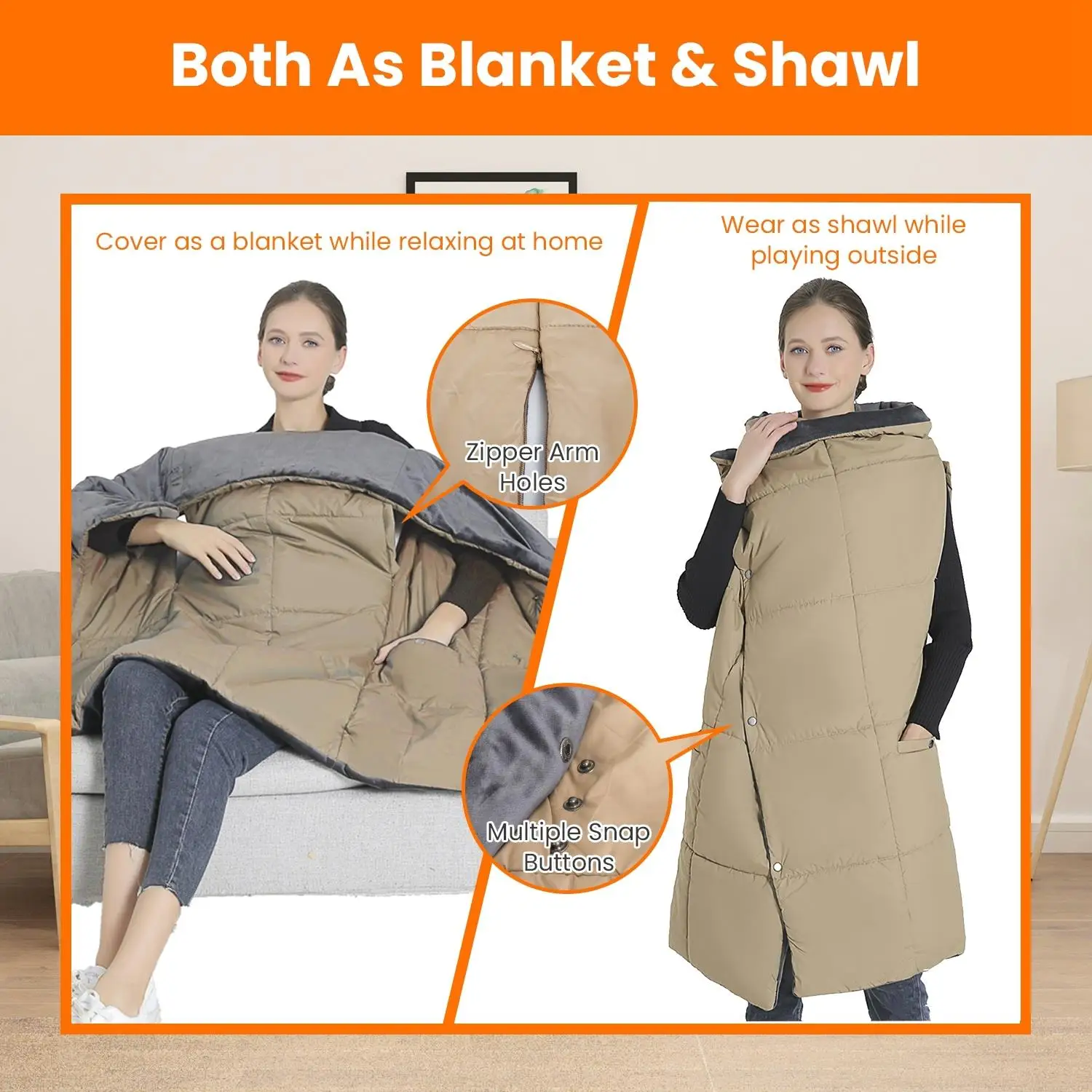 USB Heated Blanket Poncho with Zipper, Arm Pockets, 3 Heat Settings, 6 Zones, Dual Switch-Washable for home & Travel