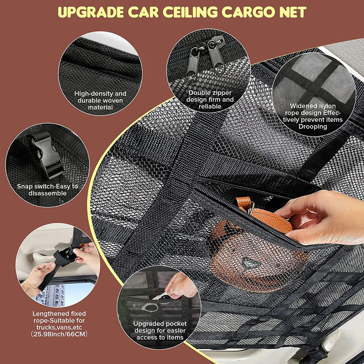 Car Ceiling Cargo Net Strong Load-Bearing Mesh Car Roof Storage Organizer Large Capacity Space Saving Car Ceiling Net Storage 4