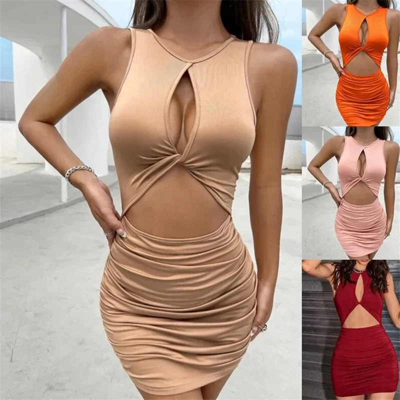

Sexy Sleeveless Mini Dress Women Bodycon Pleated Hollow Out Dress Summer Party Club Solid Short Mini Dresses Party Club Outfit