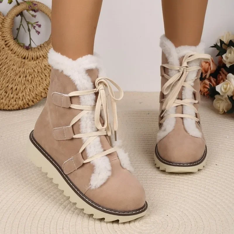 Lace-up Front Soft-soled Cotton Boots Winter New Round Toe Suede Anti-slip Wear-resistant Short-thigh Boots