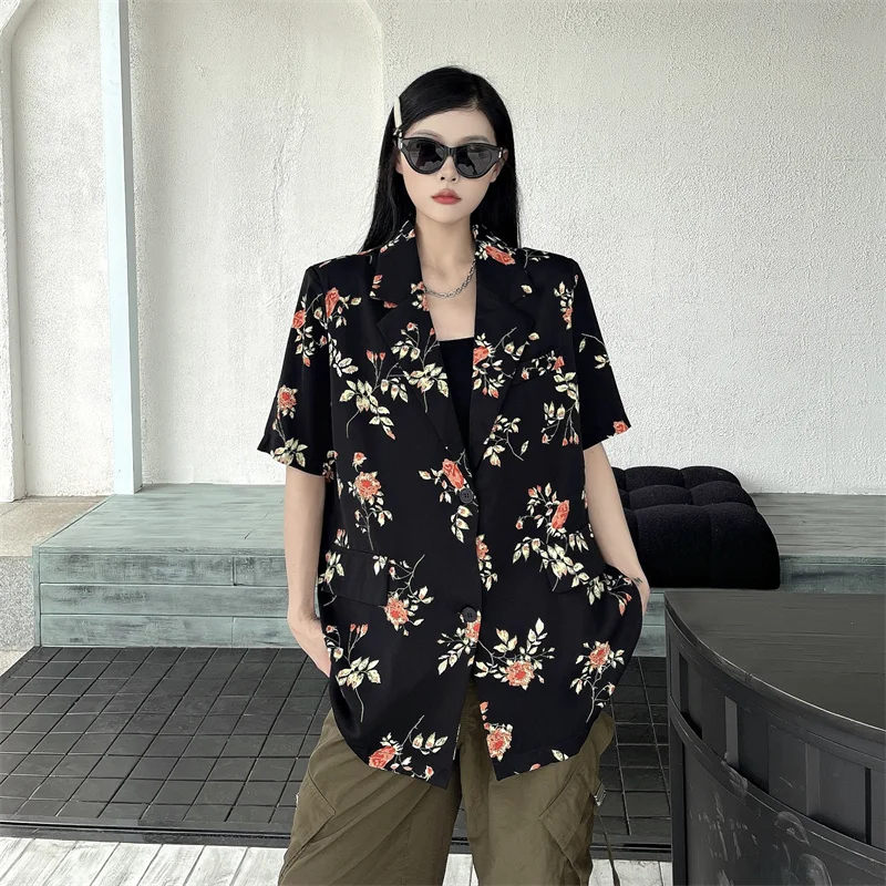 

Модный женский однобортный костюм с цветочным принтом и коротким рукавом, лето 2024, повседневный солнцезащитный пиджак, свободный костюм с коротким рукавом, рубашка, Топ