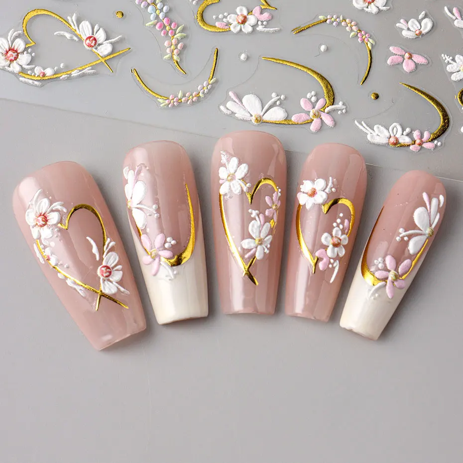 5D Embossed Kawaii Floral Gold Line Sliders Spring White Flowers Nail Stickers DIY Simple Petals Wedding Nails Decals Accesories 4