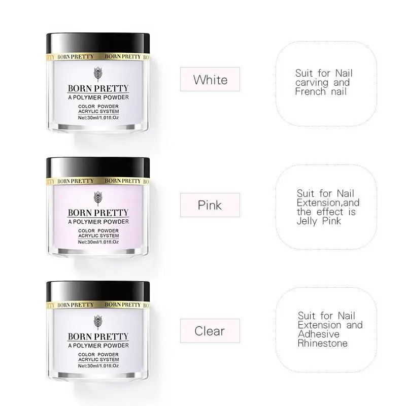 Acrylic Nail Powder 30/10ml Acrylic Nail Powder Clear Pink White Professional Carving Crystal Polymer for Nail Tips Extenstion Nails Set