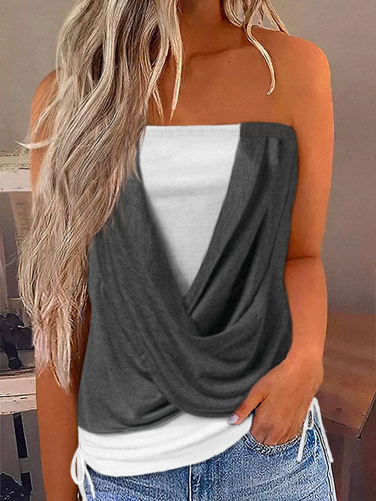 

Trendy Women Color Block Side Drawstring Fake Two-Piece Strapless Bandeau Tank Top Twist Ruched Tube Tops Off Shoulder Shirt New