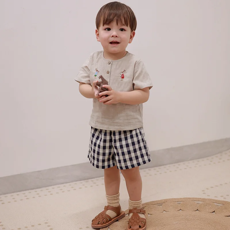 Clibeso Summer New Children's Loose Cotton Linen Top Boys' Solid Color Shirt Long Sleeve Embroidered Animals Kids Clothes