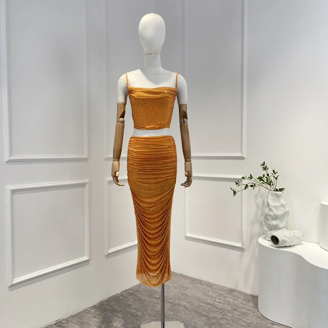 Summer New Arrival 2023 Orange Diamonds Shining Slip Crop Top Slim Midi Draped Skirt Matching Set Women High Quality