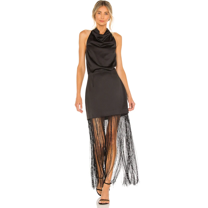 

Women's Fashion Black Pile Collar Halter Dress Slim Hem Fringe Party Dress