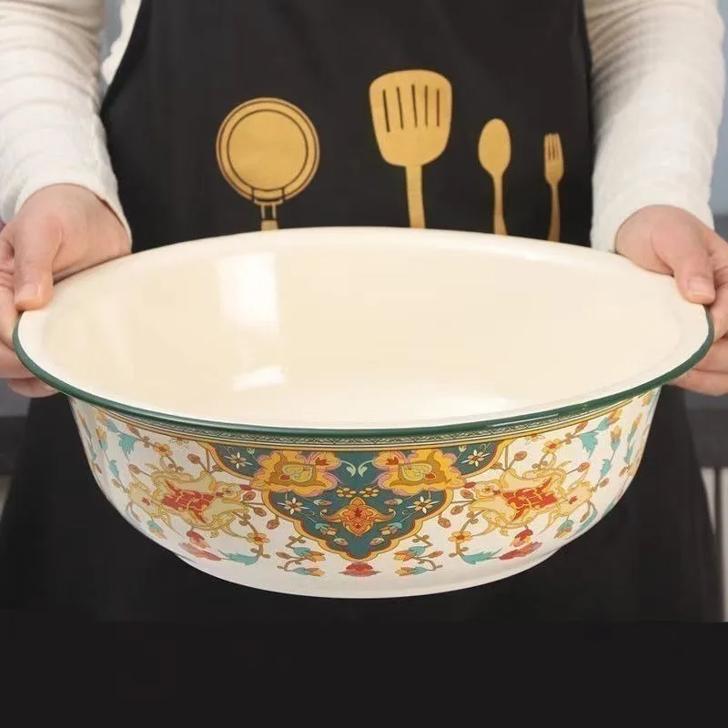 36CM Thickened Enamel Basin Kitchen Vegetable Basin Wash Basin Large Retro Old-fashioned Iron Bowls Plates Trays Lotus Pattern 4