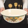 36CM Thickened Enamel Basin Kitchen Vegetable Basin Wash Basin Large Retro Old-fashioned Iron Bowls Plates Trays Lotus Pattern 4