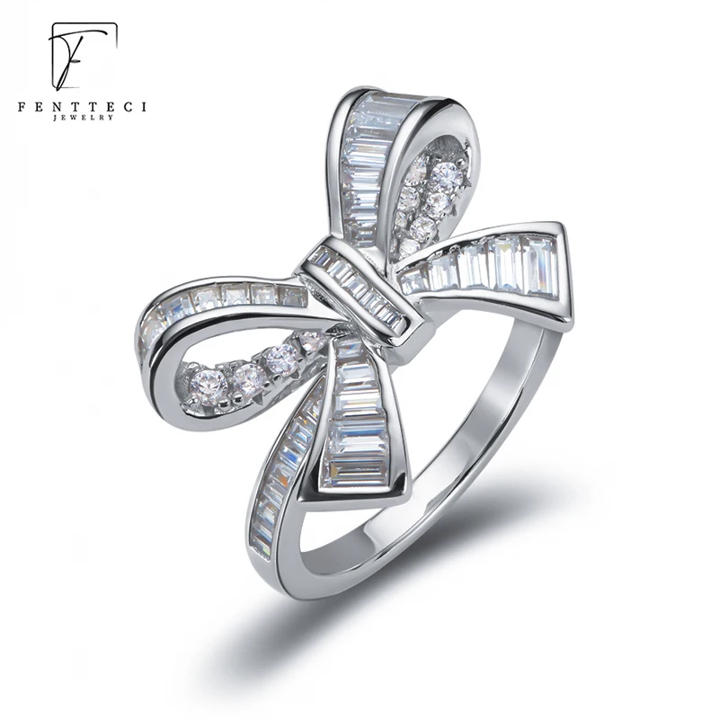 FENTTECI S925 Sterling Silver 3D Bowknot Ring T Square Full High Carbon Diamond Women's Fashion Trendy Fine Jewelry Luxury Ring