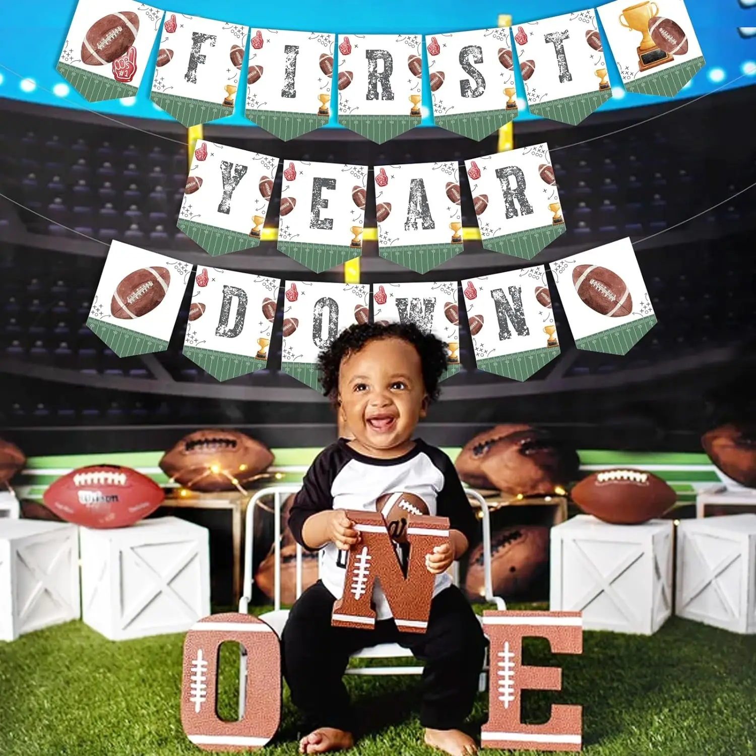 First Year Down Banner - Football Themed 1st Birthday Decor, Gold Glitter, Pre-Strung - View #5