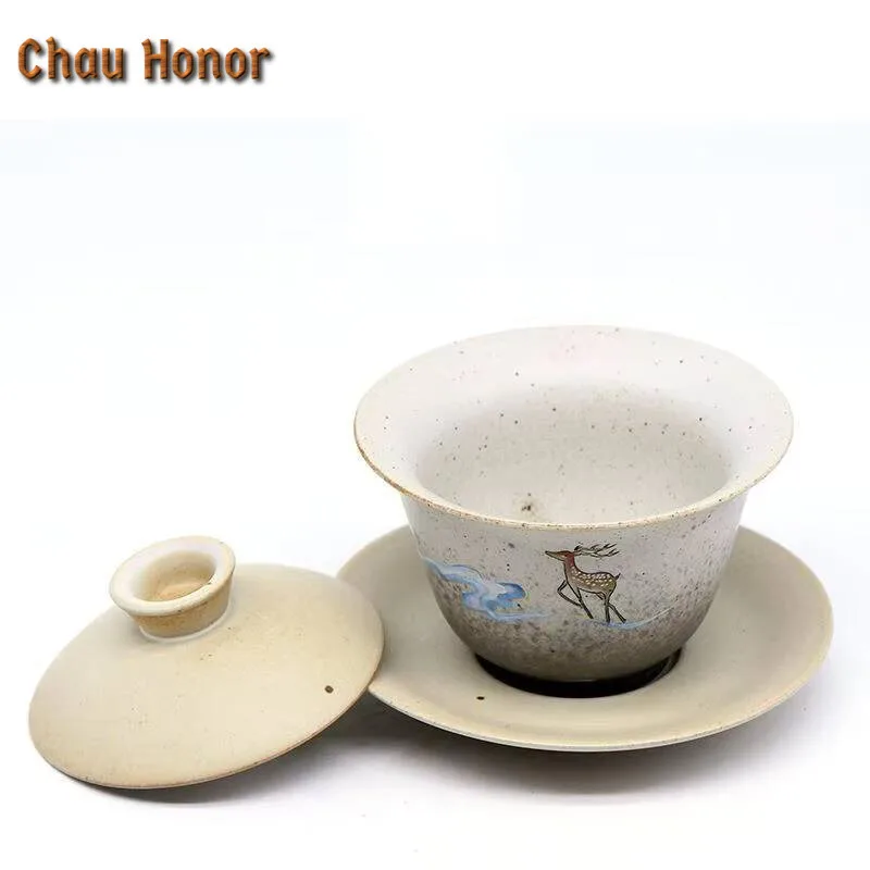 160ml Retro Coarse Pottery Deer Gaiwan Zen Sopera Ceramic Soupers with Lids Tea Tureen  Tea Brewing Cover Bowl Teaware Supplies