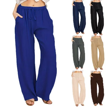 2026 New Summer Women’s Lightweight Linen Long Pants. Elastic waistband with tie-up feature. Loose, wide-leg design. Side pocket