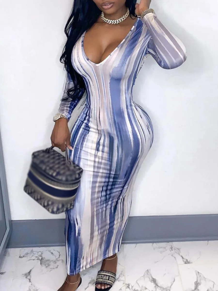 Sky Vibes tye dye  Long Sleeve Pleated Bodycon Dress