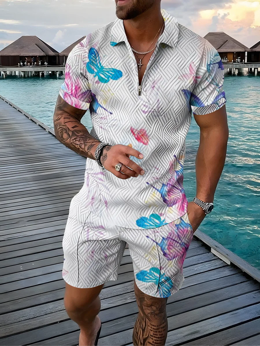 

2022 New Men's Suit 3D Color Stitching Print Summer Short Sleeve Polo Shirt Shorts Suit Fashion Zipper Polo Shirt Two Piece Set