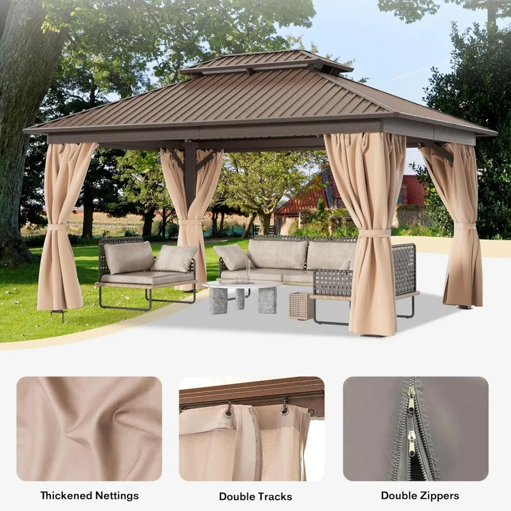 10x14 FT Hardtop Gazebo with Aluminum Frame, Galvanized Steel Double Roof Gazebo with Nettings and Curtains, Gazebos 5