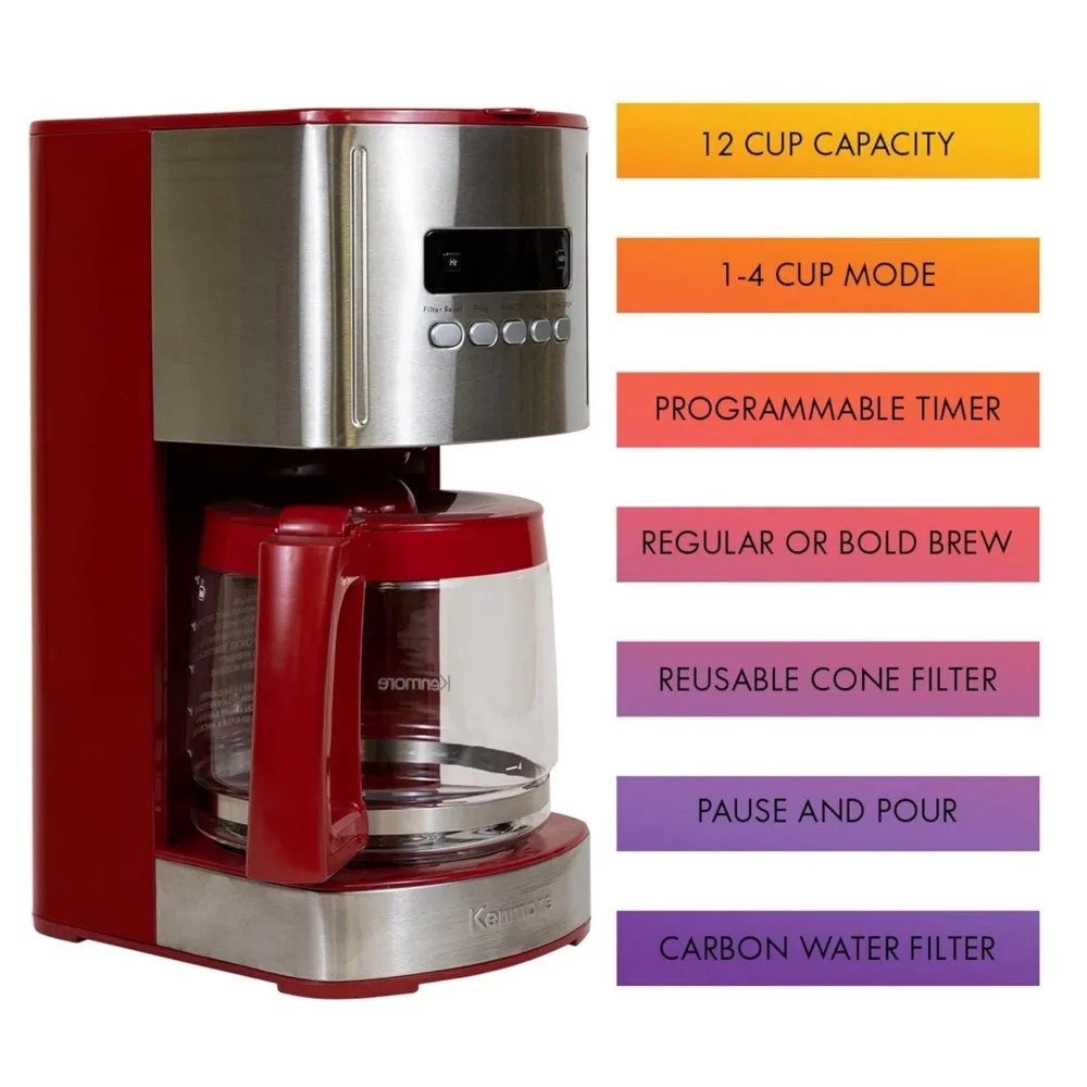 Control 12-cup Programmable Coffee Maker, Red and Stainless Steel Drip Coffee Machine, Glass Carafe, Reusable Filter, 3