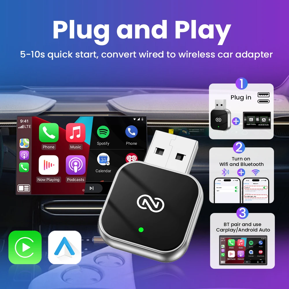 NEW 2in1 Wireless CarPlay Android Auto Adapter Smart Dongle Plug